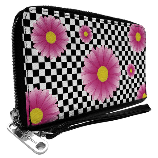 Women's PU Zip Around Wallet Rectangle - Checkers Pink Daisies Black White Clutch Zip Around Wallets Buckle-Down   