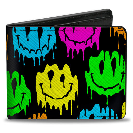 Bi-Fold Wallet - Smiley Face Melted Repeat Black Multi Neon Bi-Fold Wallets Buckle-Down   