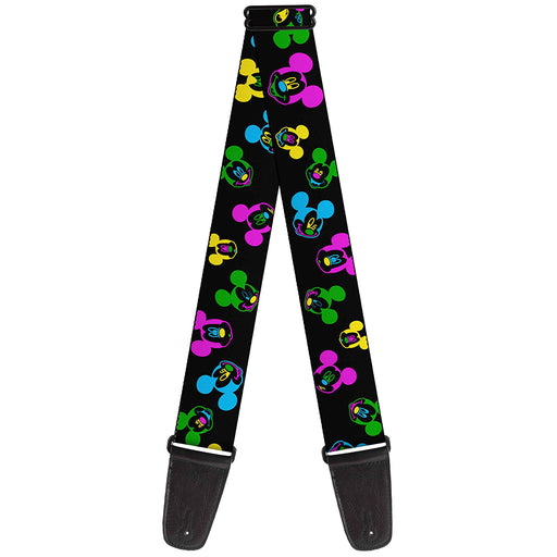 Guitar Strap - Mickey Mouse Expressions Scattered Black Multi Neon Guitar Straps Disney   