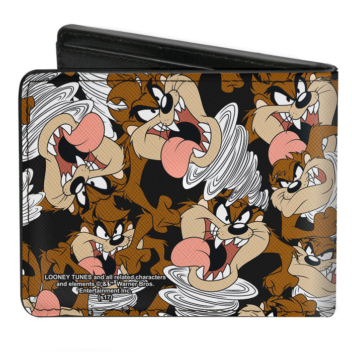 Bi-Fold Wallet - Tasmanian Devil Vortex Poses Scattered Black Bi-Fold Wallets Looney Tunes   
