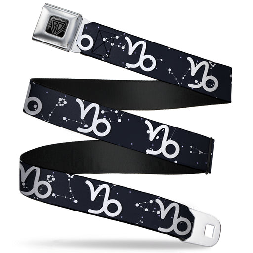 BD Wings Logo CLOSE-UP Full Color Black Silver Seatbelt Belt - Zodiac Capricorn Symbol/Constellations Black/White Webbing Seatbelt Belts Buckle-Down   