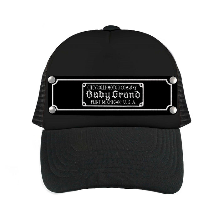 Embellishment Snap Back Hat BLACK - Full Color Strap - Chevrolet Motor Company Baby Grand Badge Black White Trucker Hats GM General Motors   