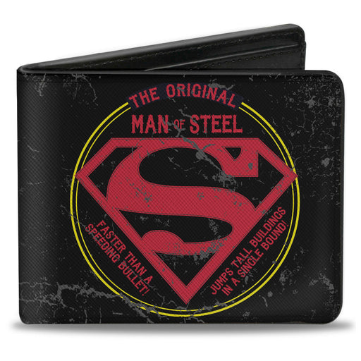 Bi-Fold Wallet - Superman THE ORIGINAL MAN OF STEEL Badge Weathered Black Red Yellow Bi-Fold Wallets DC Comics   