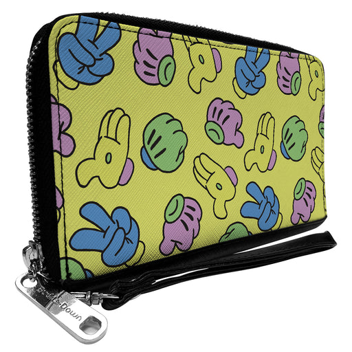 Women's PU Zip Around Wallet Rectangle - Mickey Mouse Hand Gestures Scattered Yellow Multi Color Clutch Zip Around Wallets Disney   