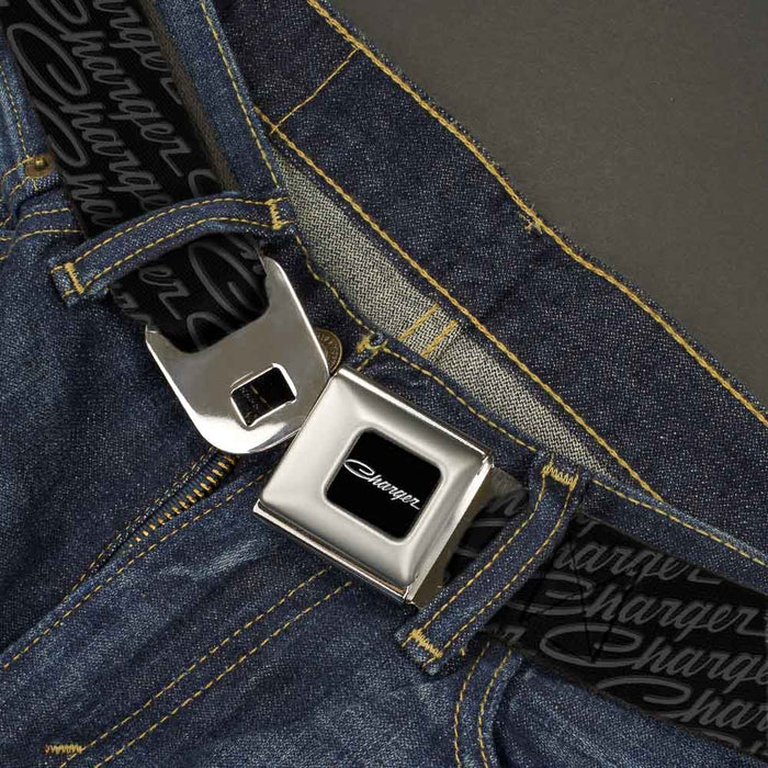 CHARGER Script Emblem Corner Full Color Black Silver Fade White Seatbelt Belt - CHARGER Script Emblem Repeat Black/Grays Webbing Seatbelt Belts Dodge   