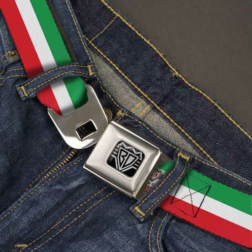 BD Wings Logo CLOSE-UP Full Color Black Silver Seatbelt Belt - Stripes Green/White/Red Webbing Seatbelt Belts Buckle-Down   