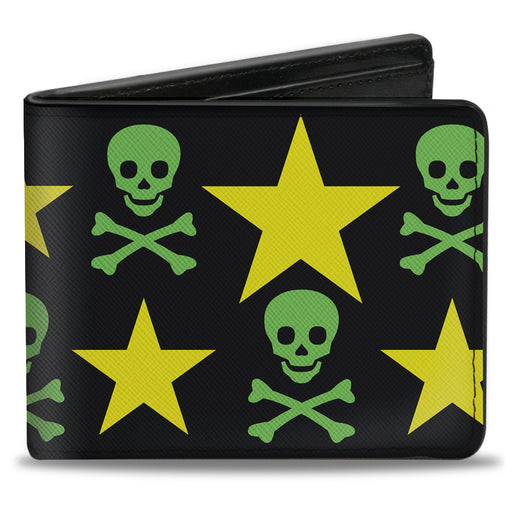 Bi-Fold Wallet - Skulls & Stars Black Green Yellow Bi-Fold Wallets Buckle-Down   