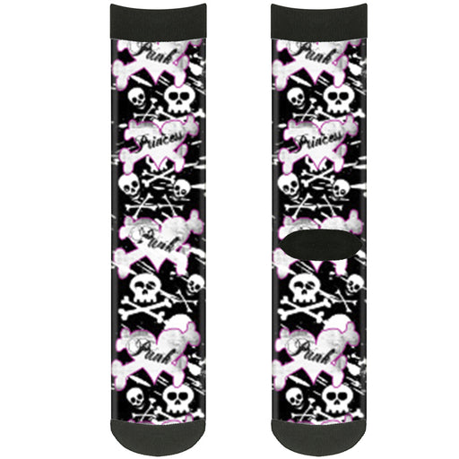Sock Pair - Polyester - Punk Princess Heart & Cross Bones w Skulls & Splatter Black White - CREW Socks Buckle-Down   