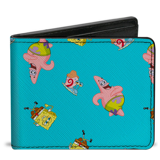 Bi-Fold Wallet - SpongeBob Patrick and Gary Poses Scattered Bright Blue Bi-Fold Wallets Nickelodeon   