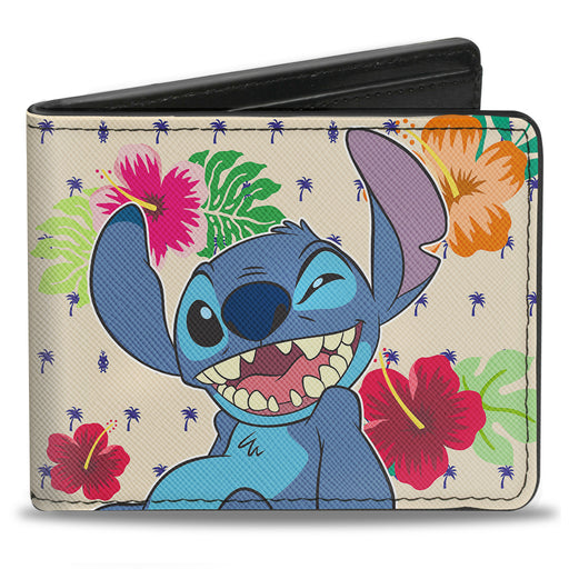 Bi-Fold Wallet - Stitch Winking Pose + OHANA MEANS FAMILY Tropical Icons Flora Cream Blue Multi Color Bi-Fold Wallets Disney   