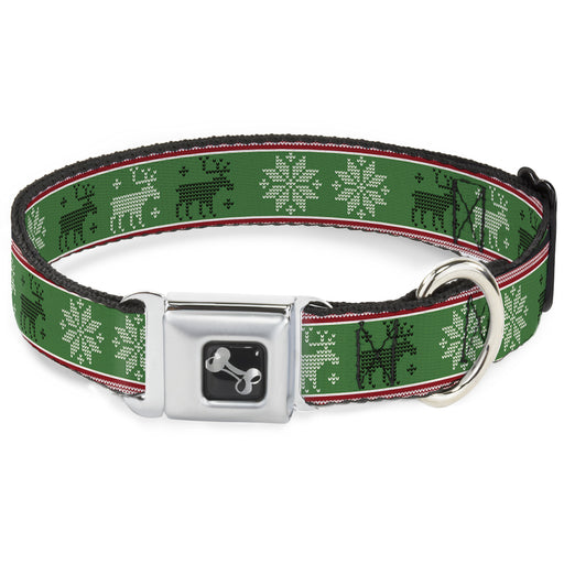 Dog Bone Seatbelt Buckle Collar - Christmas Stitch Moose/Snowflakes Red/Green Seatbelt Buckle Collars Buckle-Down   