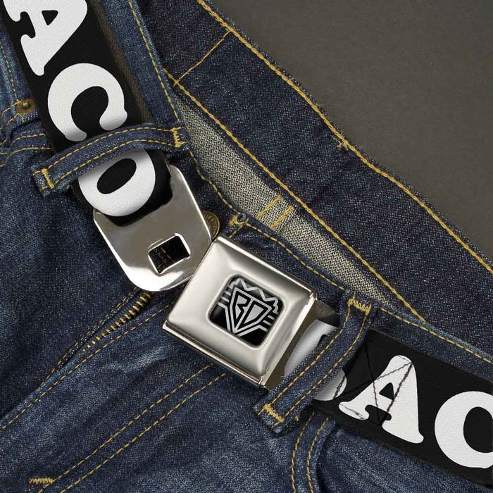 BD Wings Logo CLOSE-UP Full Color Black Silver Seatbelt Belt - I "HEART" BACON Black/White/Red Webbing Seatbelt Belts Buckle-Down   