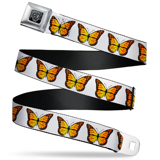 BD Wings Logo CLOSE-UP Black/Silver Seatbelt Belt - Monarch Butterfly Repeat White Webbing Seatbelt Belts Buckle-Down   