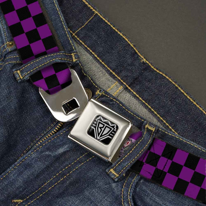 BD Wings Logo CLOSE-UP Full Color Black Silver Seatbelt Belt - Checker Black/Purple Webbing Seatbelt Belts Buckle-Down   