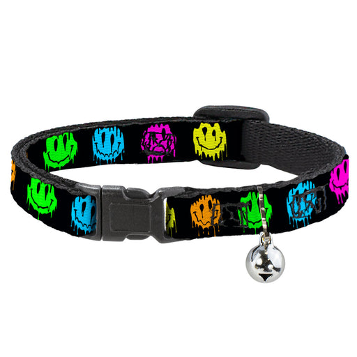 Cat Collar Breakaway with Bell - Smiley Face Melted Repeat Black Multi Neon Breakaway Cat Collars Buckle-Down   