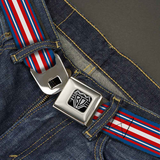 BD Wings Logo CLOSE-UP Full Color Black Silver Seatbelt Belt - Striped Blue/Red/White Webbing Seatbelt Belts Buckle-Down   