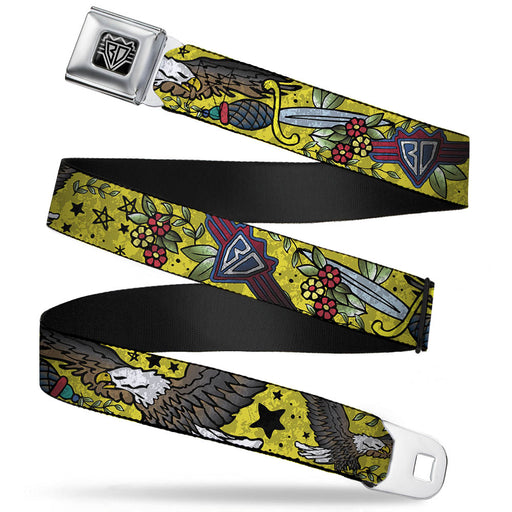 BD Wings Logo CLOSE-UP Full Color Black Silver Seatbelt Belt - Truth and Justice CLOSE-UP Yellow Webbing Seatbelt Belts Buckle-Down   