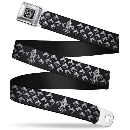 BD Wings Logo CLOSE-UP Full Color Black Silver Seatbelt Belt - Fleur-de-Lis/Studs Black/Grays Webbing Seatbelt Belts Buckle-Down   