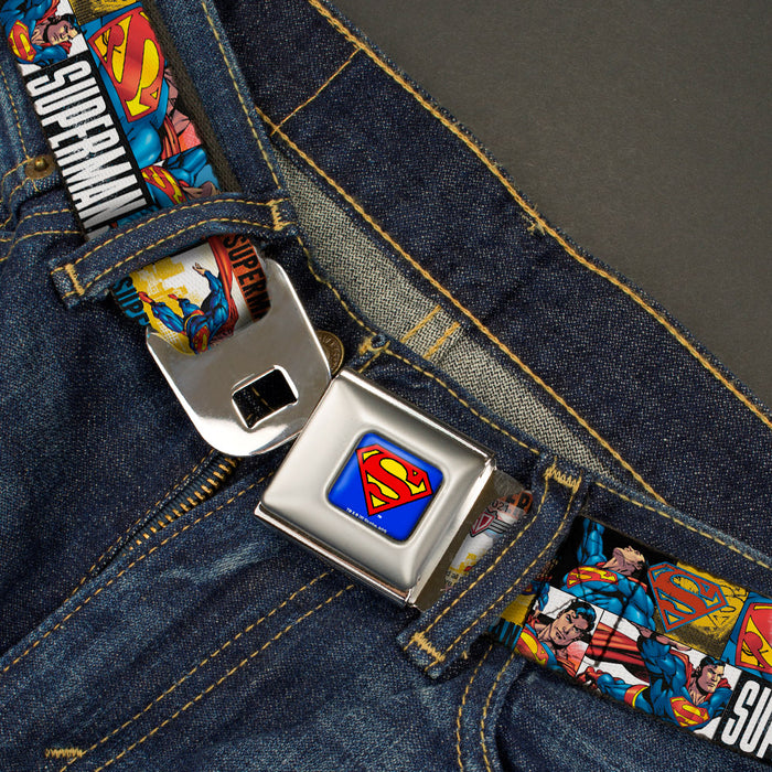 Superman Full Color Blue Seatbelt Belt - SUPERMAN Action Blocks White Webbing Seatbelt Belts DC Comics   