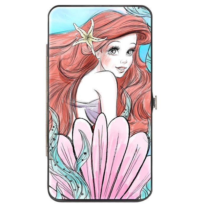 Hinged Wallet - The Little Mermaid Ariel Over Shoulder Sketch Pose + Tail Shells Kelp Blues Pinks Hinged Wallets Disney   