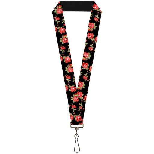 Lanyard - 1.0" - Red Roses Scattered Black Lanyards Buckle-Down   