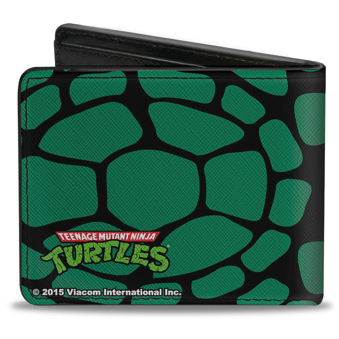 Bi-Fold Wallet - Classic TMNT Turtle Faces Black Green Turtle Shell Bi-Fold Wallets Nickelodeon   