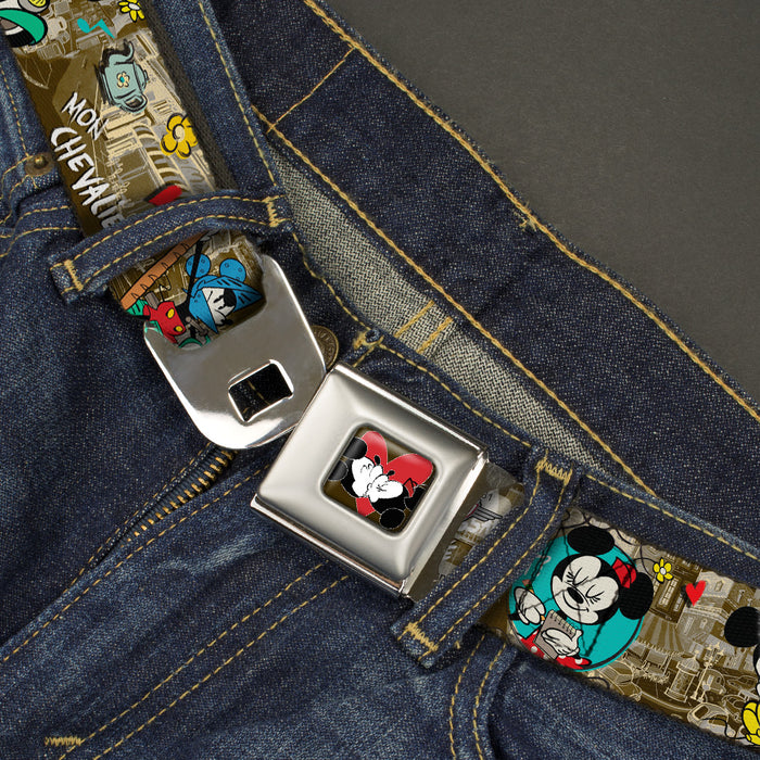 Mickey & Minnie Kiss Heart Full Color Gray Seatbelt Belt - Mickey & Minnie Croissant de Triomphe Scenes Webbing Seatbelt Belts Disney   