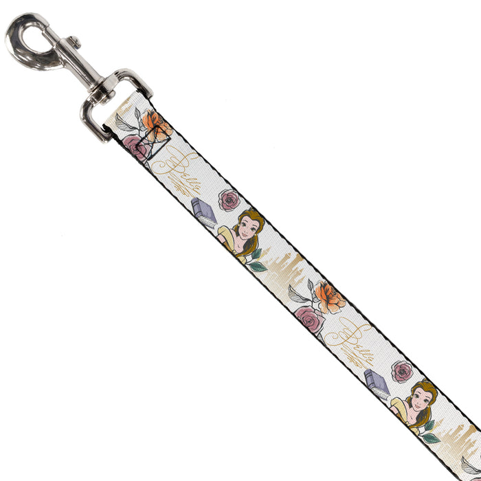 Dog Leash - Beauty and the Beast Belle Castle Pose with Script and Flowers White/Yellows Dog Leashes Disney   