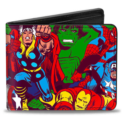 MARVEL COMICS Bi-Fold Wallet - 5-Retro Avenger Superhero Action Poses Stacked Black Bi-Fold Wallets Marvel Comics   