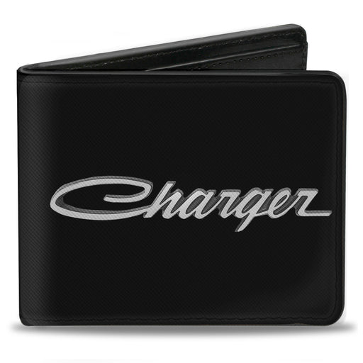 Bi-Fold Wallet - CHARGER Script Emblem Corner Black Silver Fade White Bi-Fold Wallets Dodge   