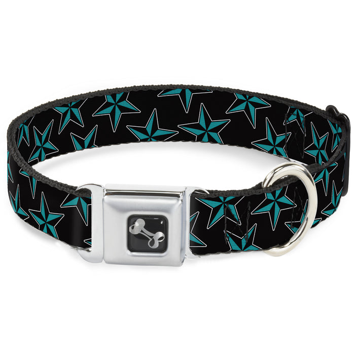Dog Bone Seatbelt Buckle Collar - Nautical Stars Scattered Black/Turquoise Seatbelt Buckle Collars Buckle-Down   