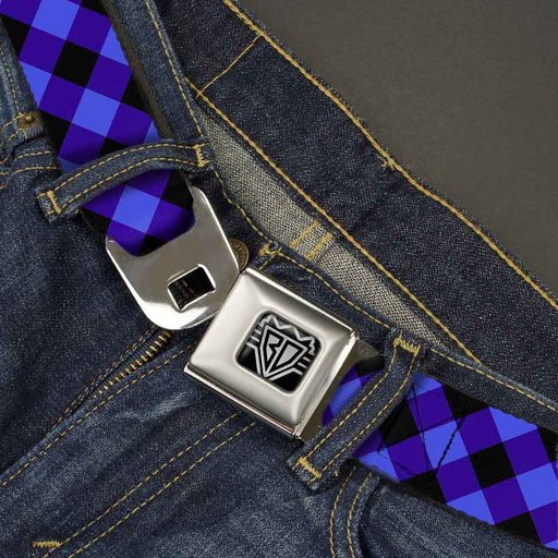 BD Wings Logo CLOSE-UP Full Color Black Silver Seatbelt Belt - Diagonal Buffalo Plaid Black/Blue Webbing Seatbelt Belts Buckle-Down   