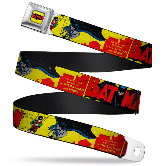 Classic BATMAN Comic Logo Full Color Yellow Black Red Seatbelt Belt - Classic BATMAN Issue #1 Robin & Batman Cover Pose Yellow/Red Webbing Seatbelt Belts DC Comics   
