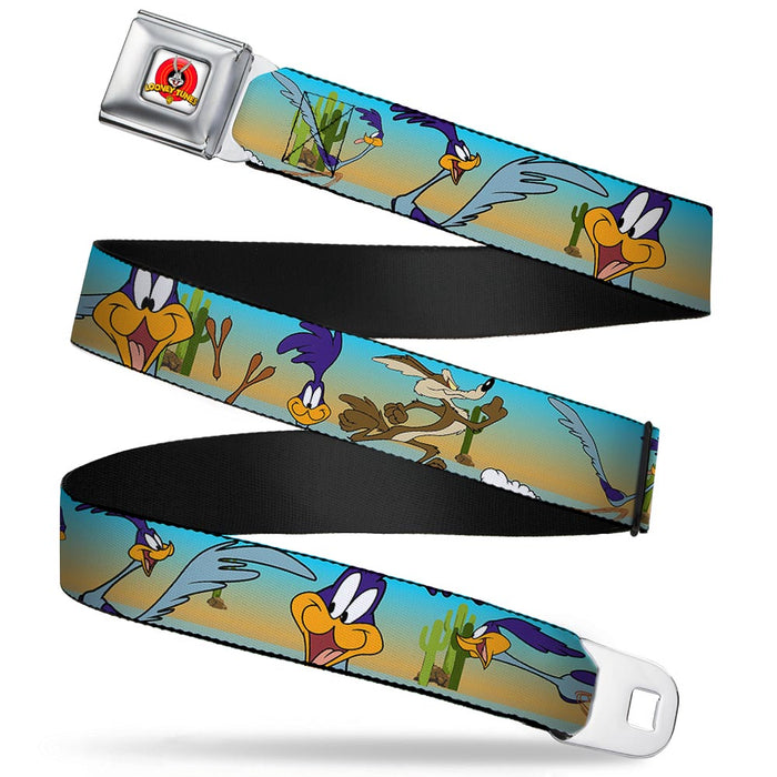 Looney Tunes Logo Full Color White Seatbelt Belt - Road Runner/Wile E. Coyote Scene1 Desert Webbing Seatbelt Belts Looney Tunes   