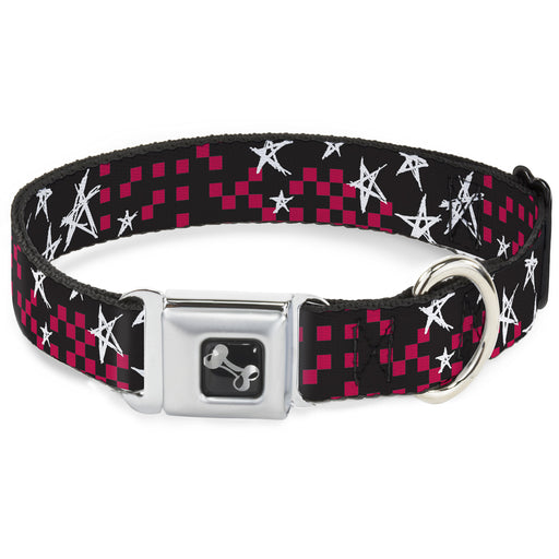 Dog Bone Seatbelt Buckle Collar - Sketch Stars w/Checkers Black/Fuchsia/White Seatbelt Buckle Collars Buckle-Down   