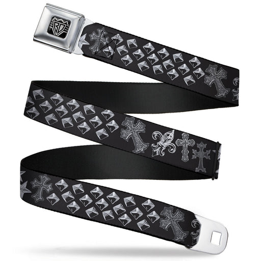 BD Wings Logo CLOSE-UP Full Color Black Silver Seatbelt Belt - Elegant Crosses/Stars/Studs Black/Grays Webbing Seatbelt Belts Buckle-Down   