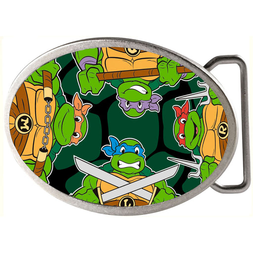 Classic TMNT Turtle Battle Poses Turtle Shell Framed FCG - Chrome Oval Rock Star Buckle Belt Buckles Nickelodeon   