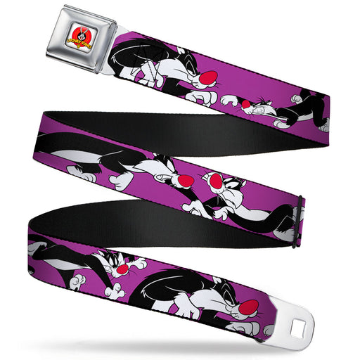 Looney Tunes Logo Full Color White Seatbelt Belt - Sylvester the Cat Poses Purple Webbing Seatbelt Belts Looney Tunes   