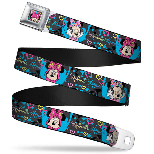 Minnie Mouse Winking CLOSE-UP Full Color Multi Color Seatbelt Belt - Minnie Mouse Hoody & Headphone Poses Gray/Multi Color Webbing Seatbelt Belts Disney   