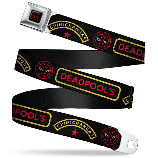 Deadpool Logo Outline Full Color Black/Red/Yellow Seatbelt Belt - DEADPOOL'S CHIMICHANGAS Star Logo Weathered Black/Yellow/Red Webbing Seatbelt Belts Marvel Comics   