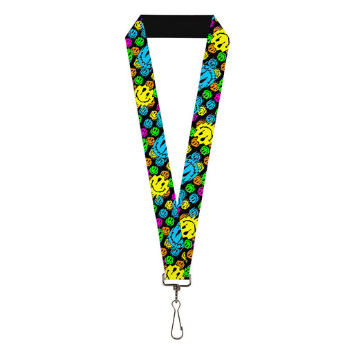 Lanyard - 1.0" - Smiley Faces Melted Stacked Black Multi Neon Lanyards Buckle-Down   