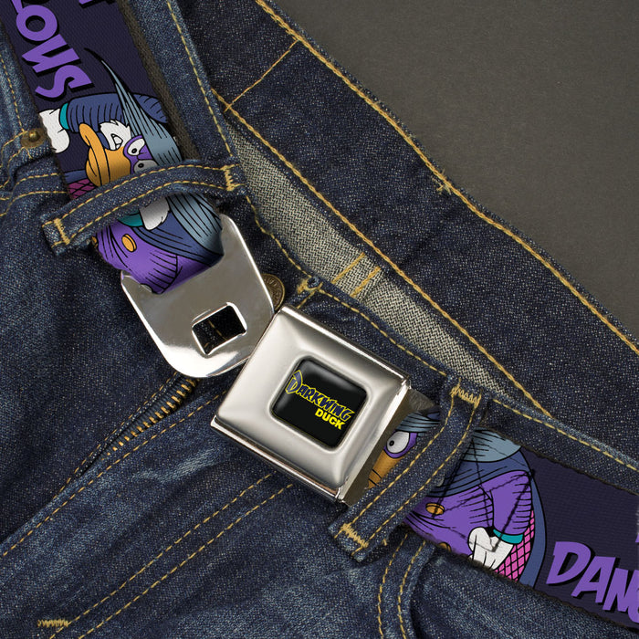 DARKWING DUCK Logo Full Color Black/Yellow/Purple Seatbelt Belt - Darkwing Duck Pose LET'S GET DANGEROUS Black/Purples Webbing Seatbelt Belts Disney   