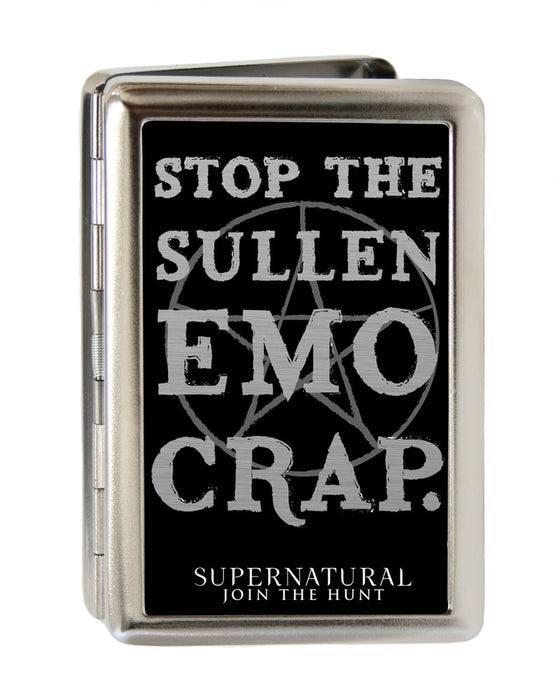 Business Card Holder - LARGE - STOP THE SULLEN EMO CRAP Pentagram Reverse Brushed Metal ID Cases Supernatural   