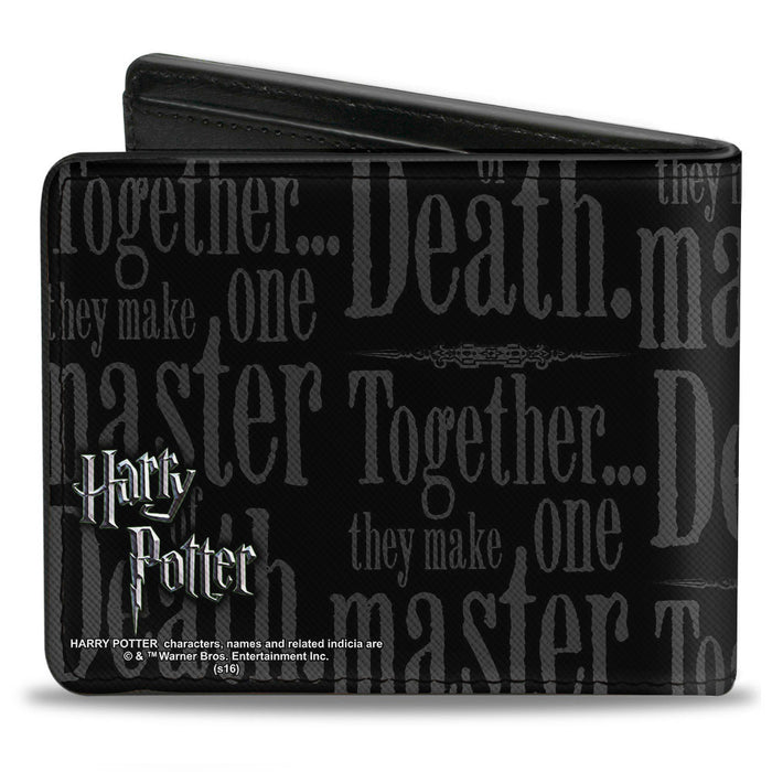 Bi-Fold Wallet - TOGETHER...THEY MAKE ONE MASTER OF DEATH. Deathly Hallows Symbol + HP Logo Black Grays White Bi-Fold Wallets The Wizarding World of Harry Potter   