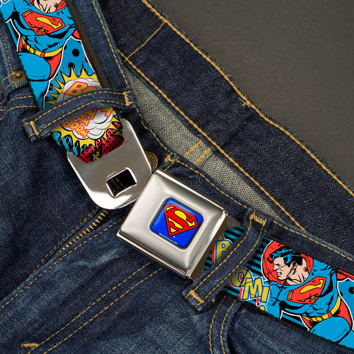Superman Full Color Blue Seatbelt Belt - Superman Logo/Poses/Action Bubbles Pop Collage Blue/Black Webbing Seatbelt Belts DC Comics   