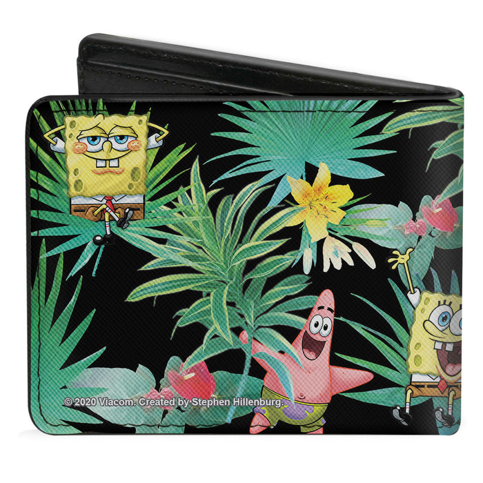 Bi-Fold Wallet - SpongeBob Squarepants and Patrick Starfish Tropical Fauna Collage Black Bi-Fold Wallets Nickelodeon   