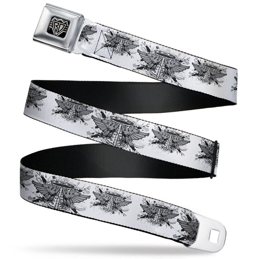 BD Wings Logo CLOSE-UP Full Color Black Silver Seatbelt Belt - Phoenix Shield White Webbing Seatbelt Belts Buckle-Down   
