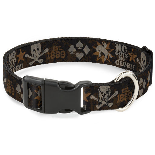 Plastic Clip Collar - Western NO GUTS NO GLORY Skull and Crossbones Browns/Gray Plastic Clip Collars Buckle-Down   