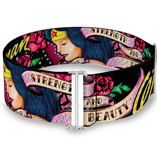 Cinch Waist Belt - WONDER WOMAN Roses STRENGTH AND BEAUTY Black-Pink Fade Womens Cinch Waist Belts DC Comics   