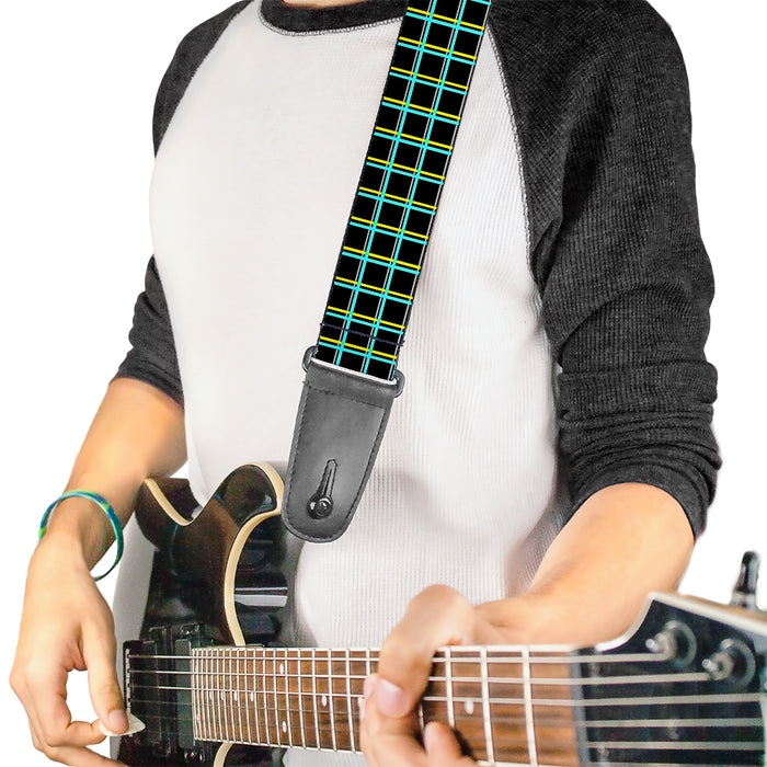 Guitar Strap - Wire Grid Black Turquoise Yellow Guitar Straps Buckle-Down   